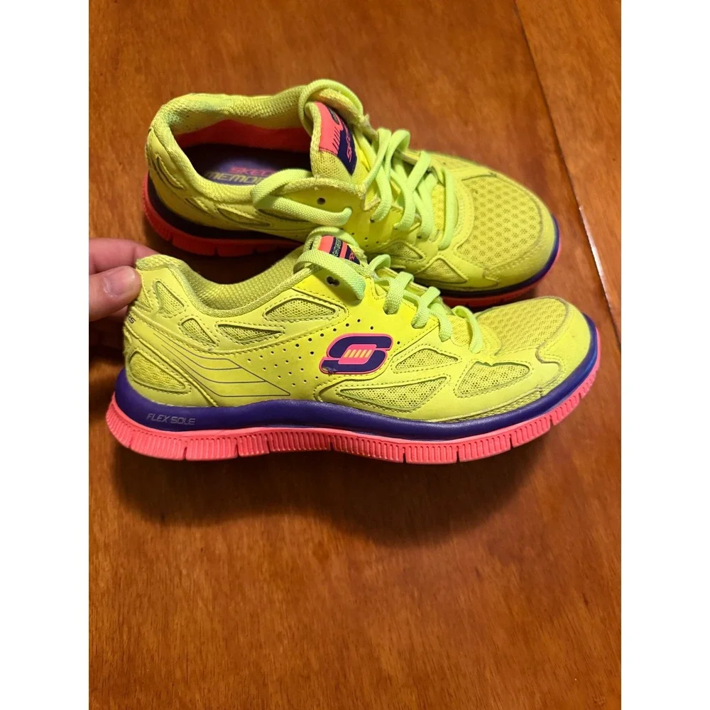 Skechers Flex Sole Memory Foam Neon Yellow Purple Pink Sneakers 11726 Women 6.5